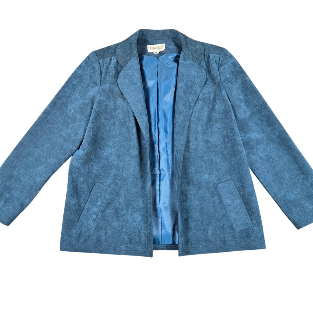Ultrasuede Blazer Jacket Womens Size 14 Teal Blue Faux Suede Open Front Vintage